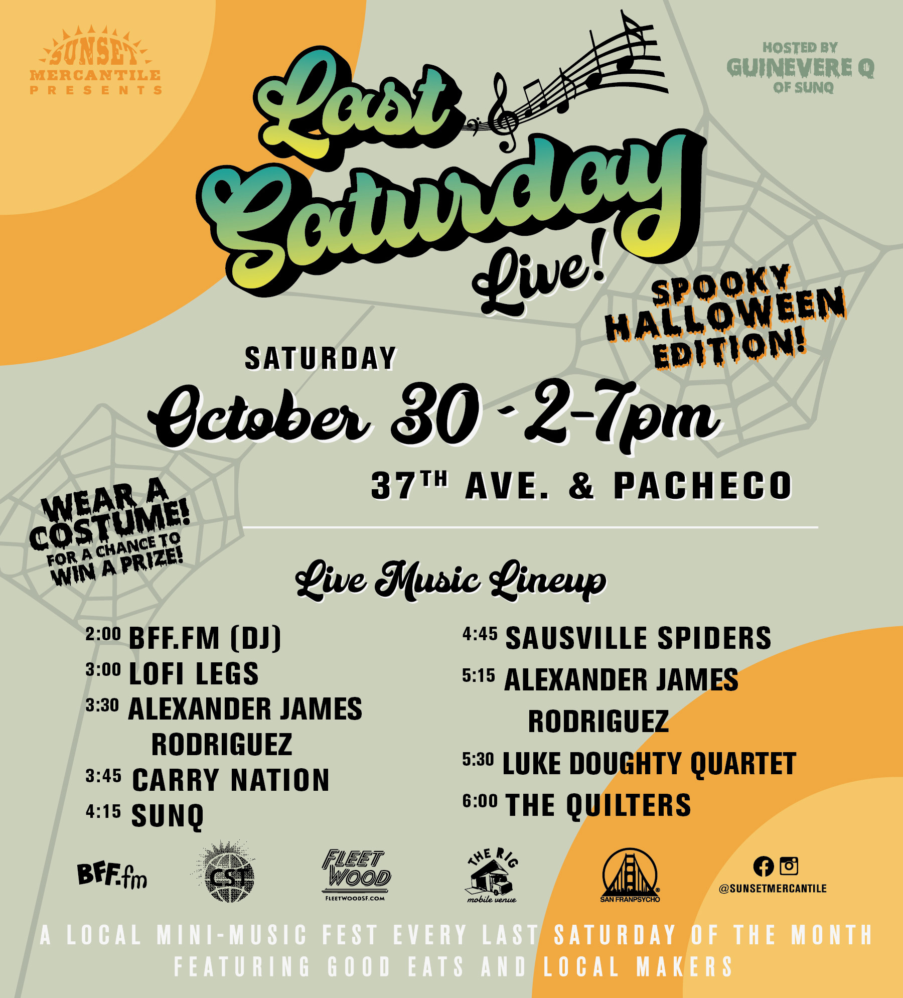 Last Saturday Live! Spooky Halloween Edition! Saturday, October 20 @ 2–7pm, 37th Ave. & Pacheco | Wear a Costume for a chance to win a prize. Live Music lineup. A local mini-music fest every last Saturday of the month, featuring good eats and local makers!