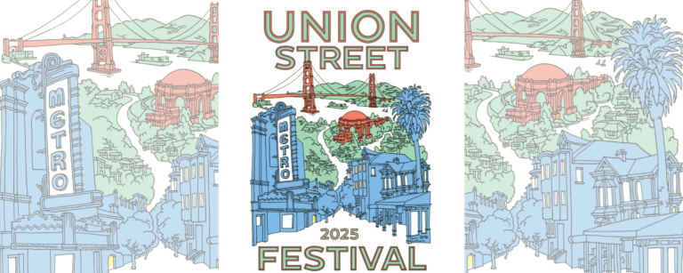 An illustration of the Marina District with small businesses, the Golden Gate Bridge, and other SF landmarks that reads "Union Street Festival 2025."